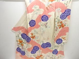 アンティーク　絞り家屋に草花模様刺繍振袖